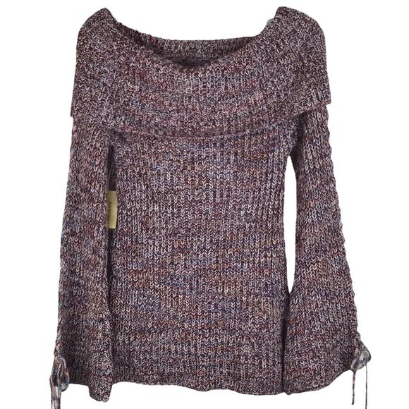 NWT American Rag Off the Shoulder Sweater Rib Knit Bell Sleeves Maroon Multi XS - Picture 6 of 10